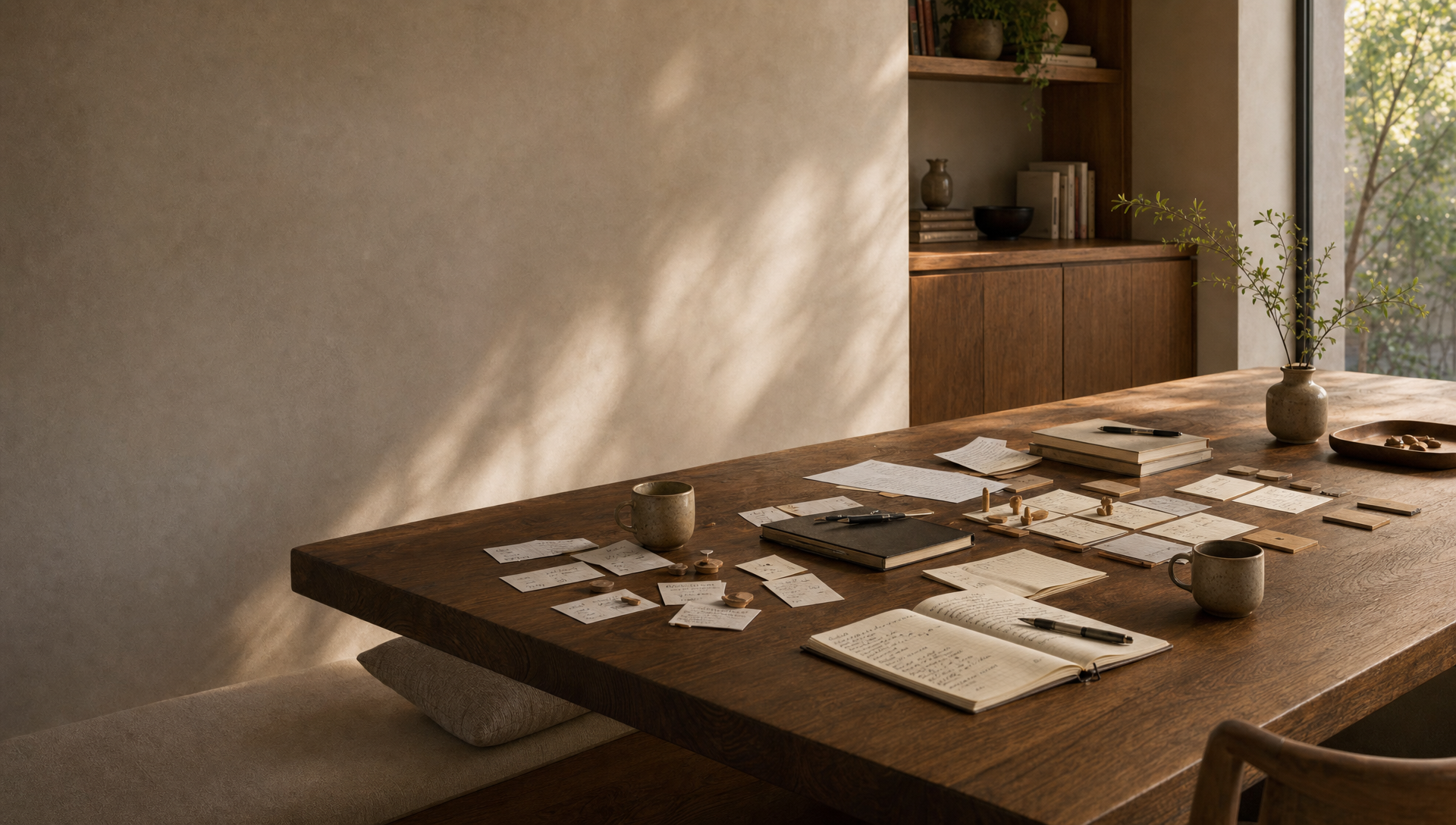Calm operational table with handwritten notes, cards and structured working materials