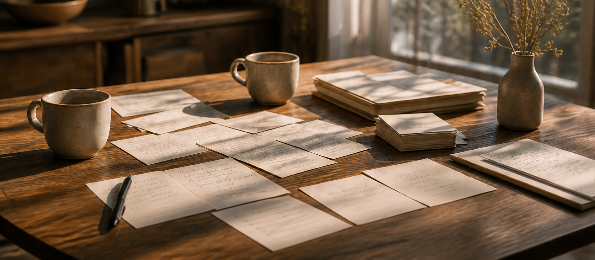 A quiet working table with notes, coffee and afternoon light