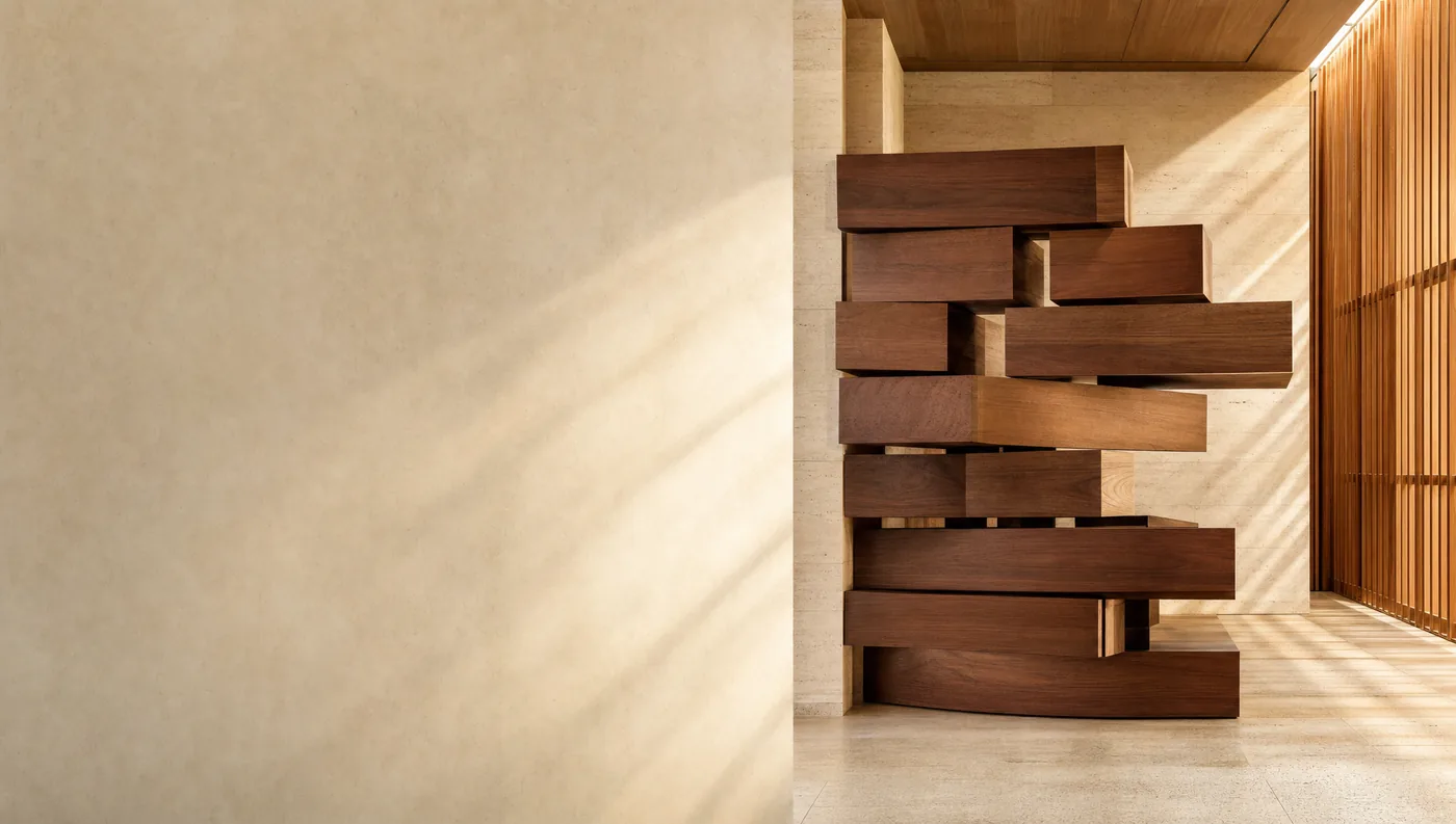 Interlocking wooden structures in a warm architectural interior