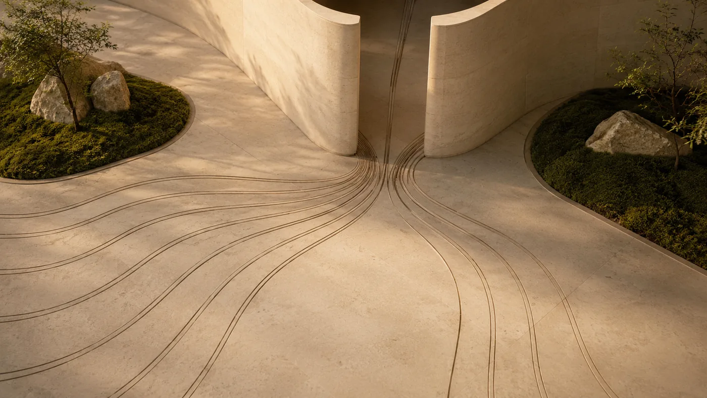Architectural pathways converging into a single route