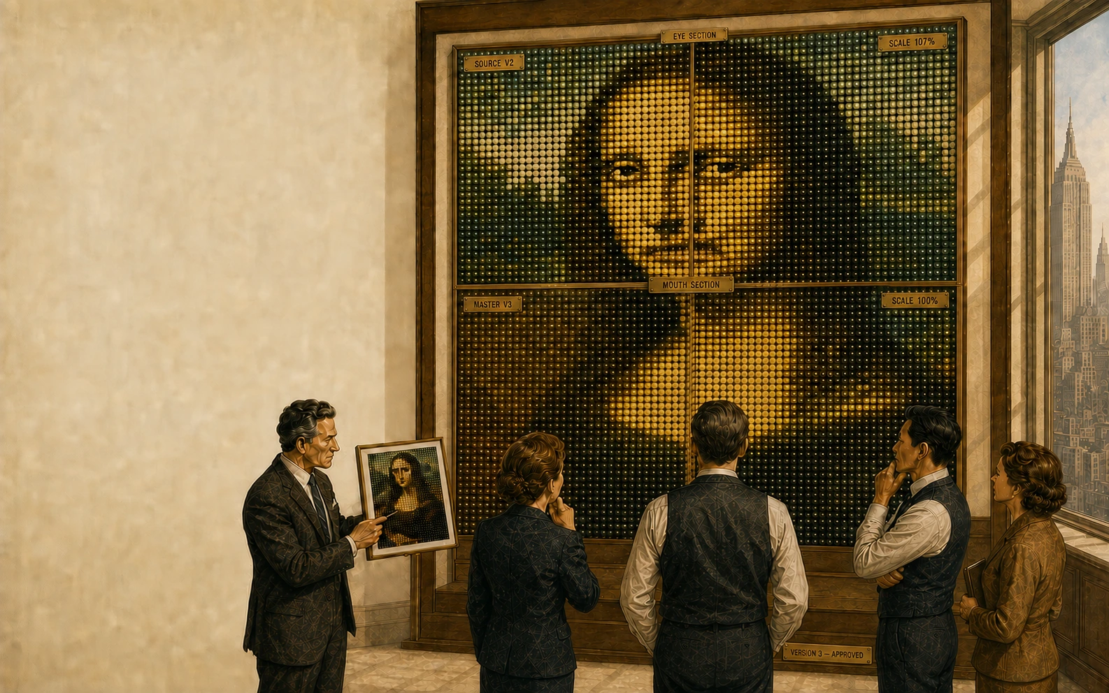 Teams compare a carefully made but distorted Mona Lisa mosaic with the intended result