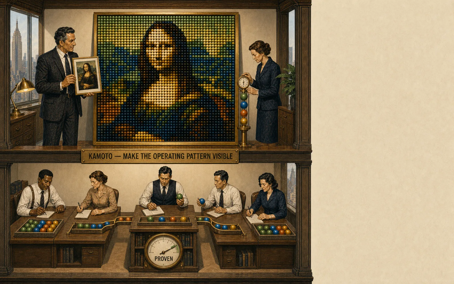 The same people produce the intended Mona Lisa through a stable and measured operating system