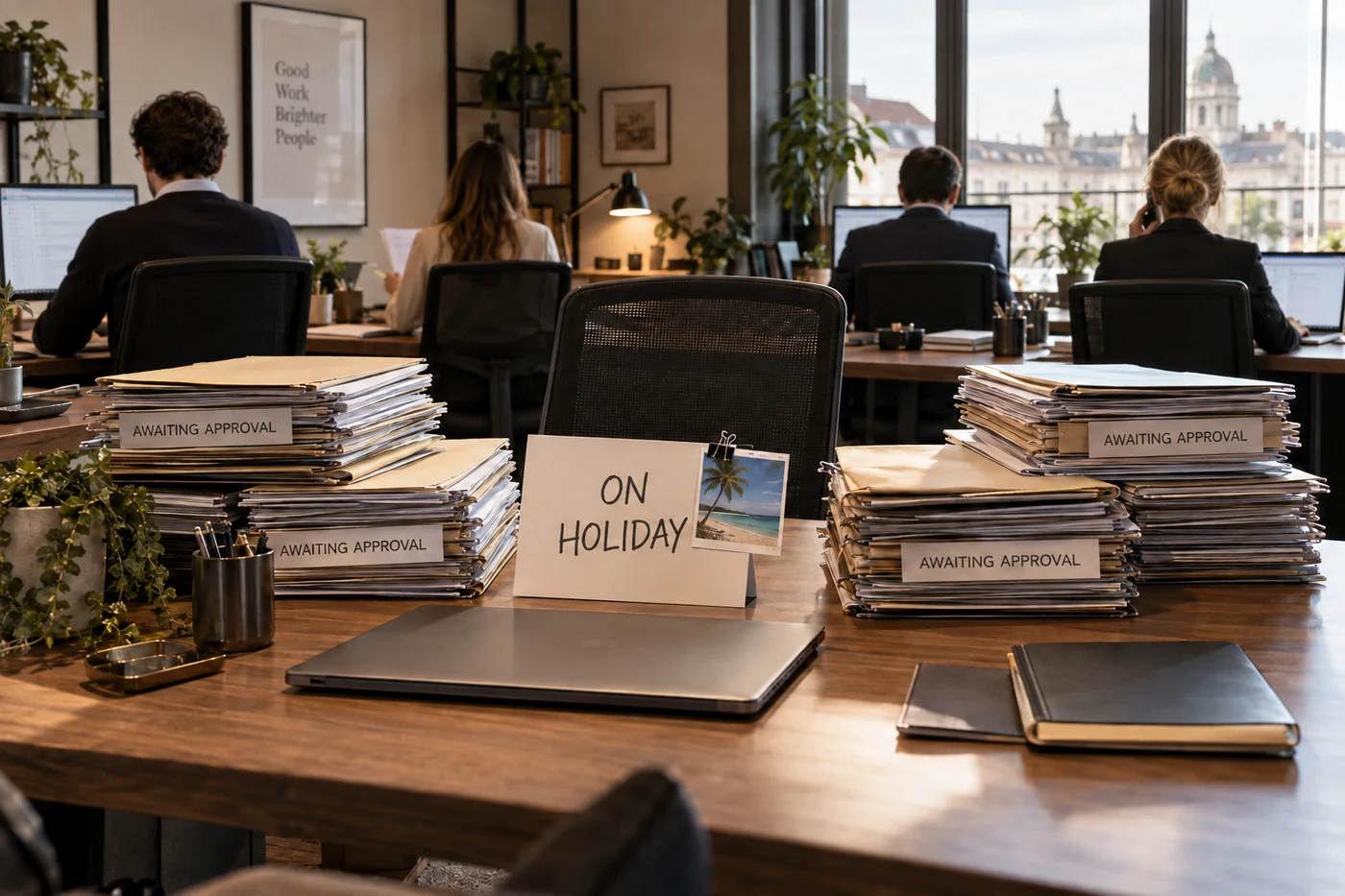 Four colleagues work with their backs to the viewer while approval folders pile up at an empty desk marked On Holiday.