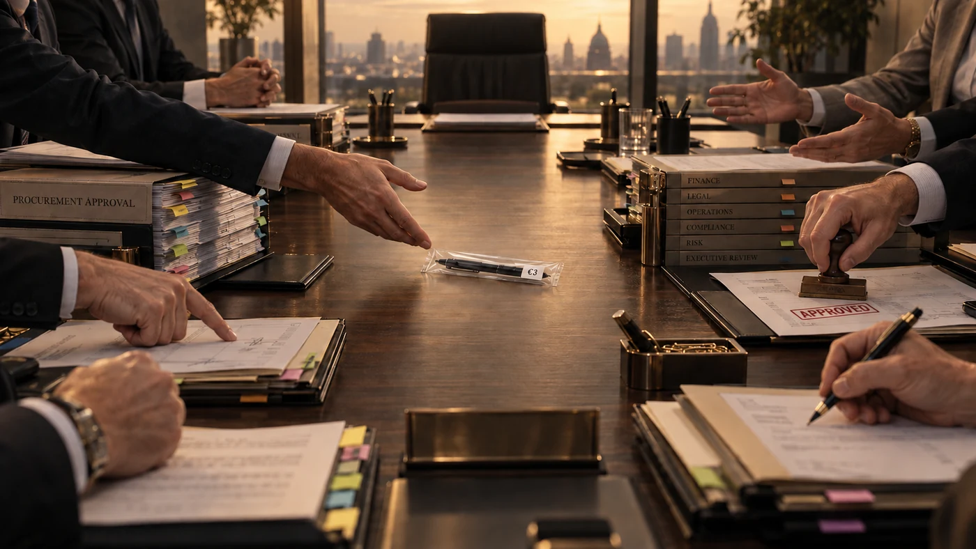 A three-euro pen surrounded by procurement, legal, finance and executive approval paperwork
